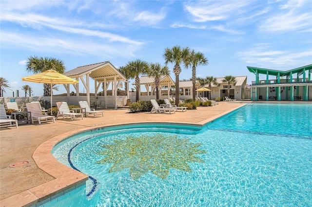 view of pool featuring a gazebo and a patio area