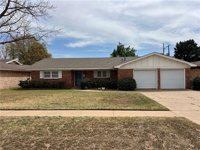 3023 66th St, Lubbock, TX 79413 - single story home with an attached garage, concrete driveway, a front yard, board and batten siding, and brick siding