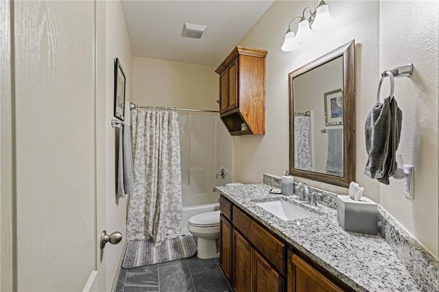 full bathroom with vanity, toilet, and shower / bath combo with shower curtain