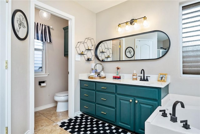 bathroom with tile patterned flooring, vanity, and toilet