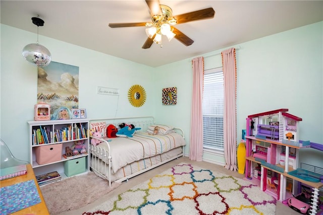 bedroom with carpet flooring and ceiling fan