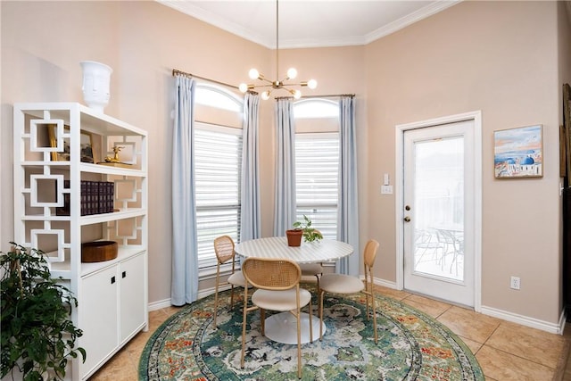 tiled dining space featuring ornamental molding and a notable chandelier