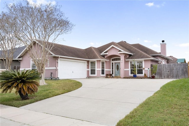 single story home featuring a front yard and a garage