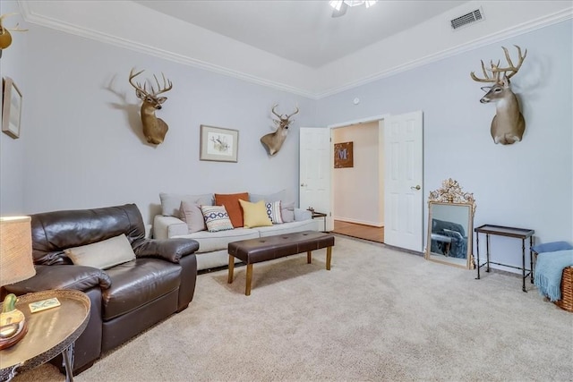 7430 Bourget Dr, Corpus Christi, TX 78413 - carpeted living area with ornamental molding and a tray ceiling