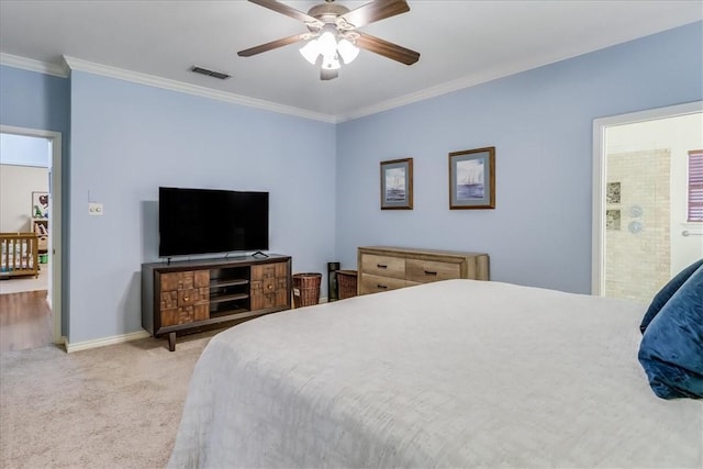 7430 Bourget Dr, Corpus Christi, TX 78413 - bedroom with light colored carpet, ornamental molding, ceiling fan, and ensuite bath