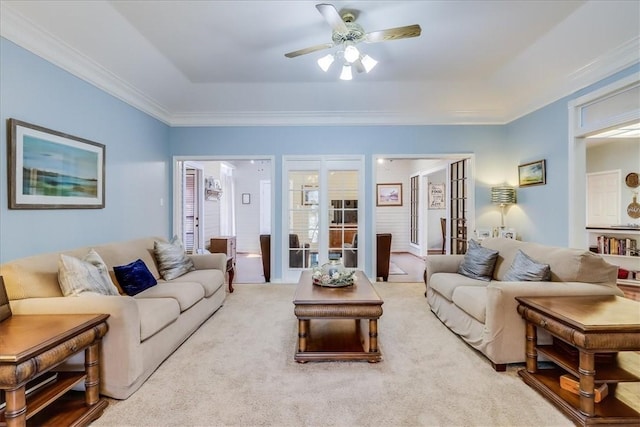 7430 Bourget Dr, Corpus Christi, TX 78413 - living room featuring ceiling fan, light colored carpet, and ornamental molding