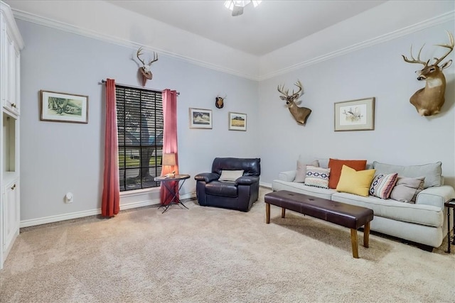 7430 Bourget Dr, Corpus Christi, TX 78413 - carpeted living room featuring crown molding and baseboards
