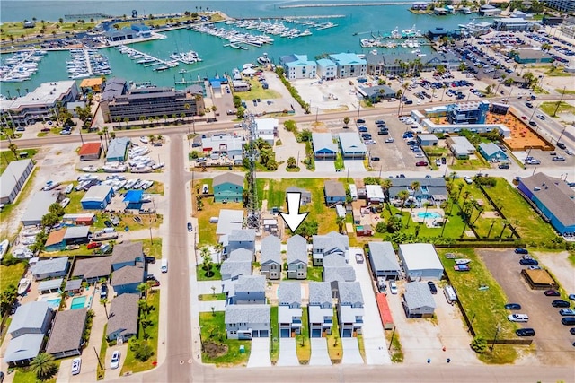 bird's eye view with a water view