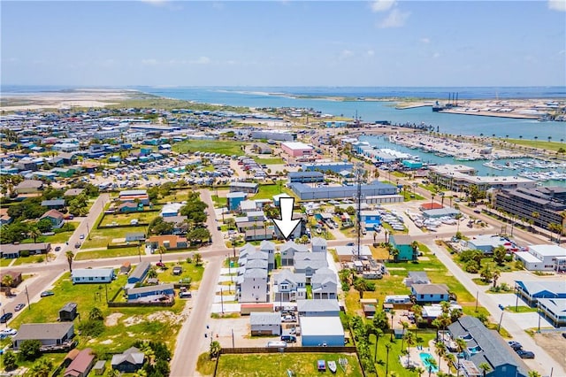 birds eye view of property featuring a water view