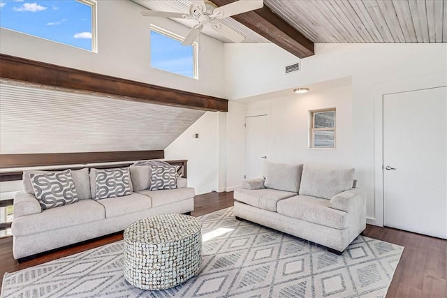 236 Dolphin Ln, Port Aransas, TX 78373 - living area with a ceiling fan, beamed ceiling, wood finished floors, and high vaulted ceiling