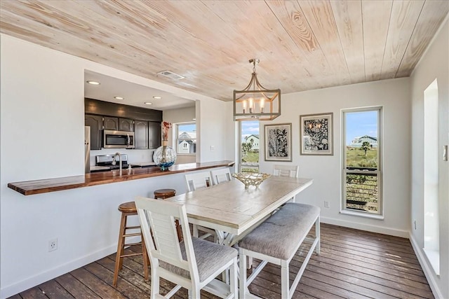 236 Dolphin Ln, Port Aransas, TX 78373 - dining room featuring wooden ceiling, dark wood-style floors, a chandelier, baseboards, and recessed lighting