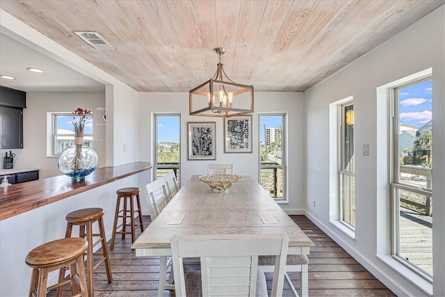 236 Dolphin Ln, Port Aransas, TX 78373 - dining space with dark wood-type flooring, wood ceiling, plenty of natural light, a chandelier, and recessed lighting