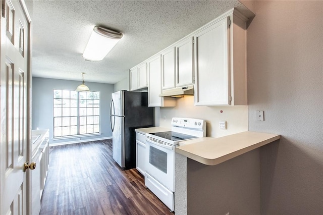 kitchen featuring under cabinet range hood, dark wood-style flooring, white cabinets, freestanding refrigerator, and white range with electric stovetop