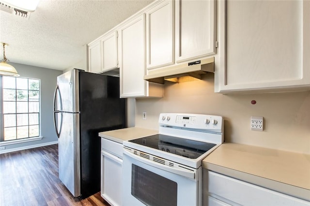 kitchen with white range with electric cooktop, light countertops, freestanding refrigerator, white cabinetry, and under cabinet range hood