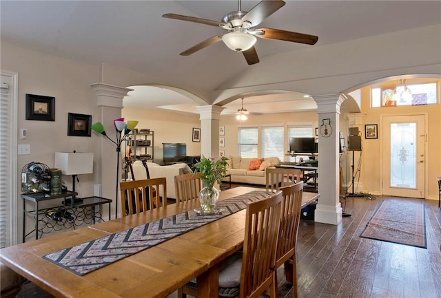 422 Poenisch Dr, Corpus Christi, TX 78412 - dining area with ornate columns, ceiling fan, arched walkways, and vaulted ceiling