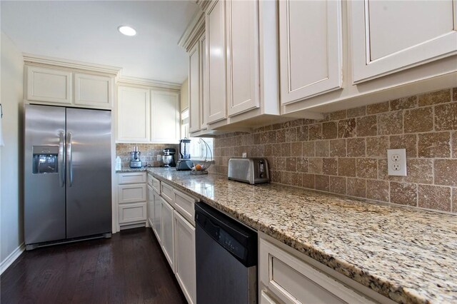 422 Poenisch Dr, Corpus Christi, TX 78412 - kitchen featuring stainless steel refrigerator with ice dispenser, dishwasher, decorative backsplash, light stone counters, and dark wood-type flooring