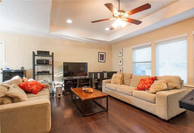 422 Poenisch Dr, Corpus Christi, TX 78412 - living room featuring ceiling fan, a tray ceiling, dark wood-type flooring, and recessed lighting