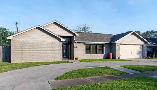 422 Poenisch Dr, Corpus Christi, TX 78412 - ranch-style house with concrete driveway, brick siding, a garage, and a front lawn
