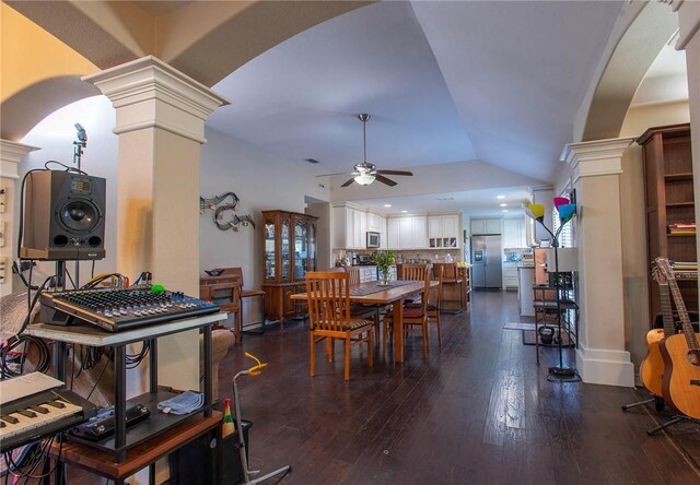 422 Poenisch Dr, Corpus Christi, TX 78412 - dining area with arched walkways, a ceiling fan, decorative columns, and dark wood-style flooring