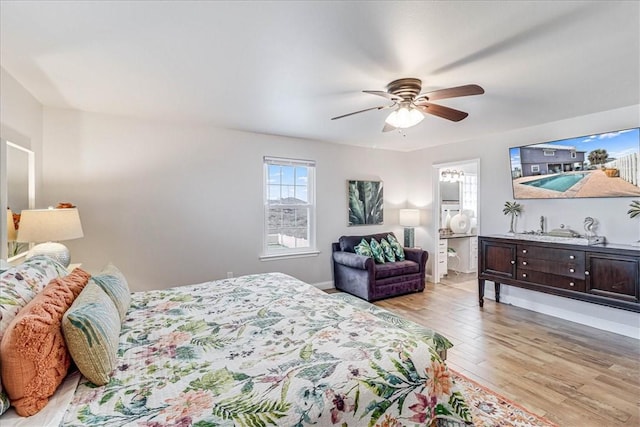 bedroom featuring ceiling fan and light hardwood / wood-style flooring