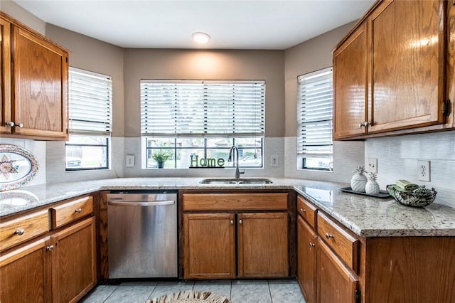 kitchen featuring brown cabinetry, stainless steel dishwasher, and a sink