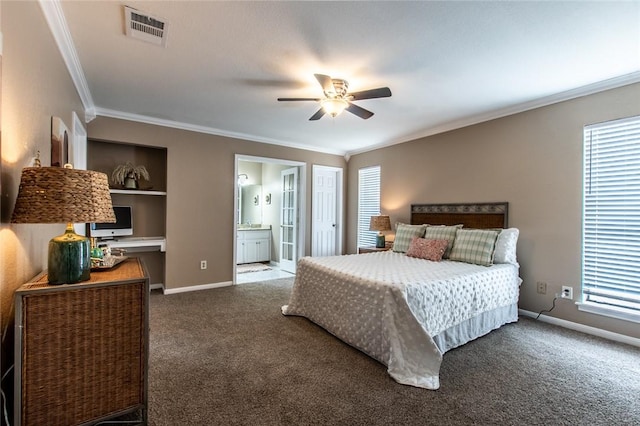 bedroom featuring baseboards, visible vents, carpet floors, and crown molding