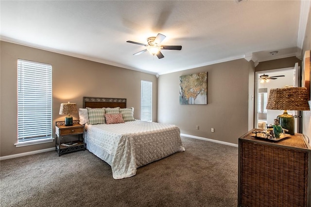 bedroom with carpet floors, crown molding, and baseboards
