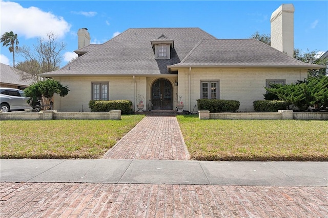 view of front of house with brick siding, french doors, a chimney, and a front yard