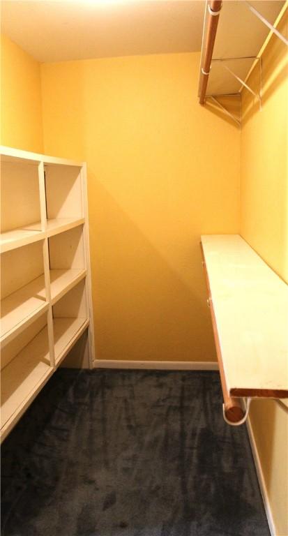 spacious closet featuring dark carpet