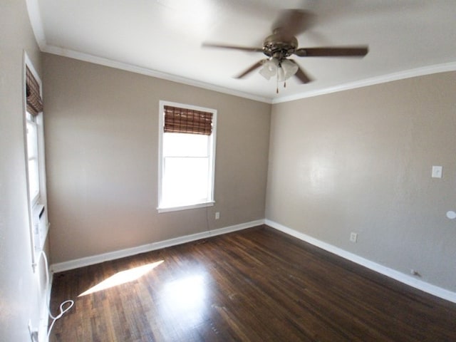 spare room with ornamental molding, dark wood-type flooring, and ceiling fan