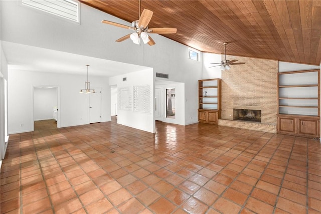 6002 Parkland Dr, Corpus Christi, TX 78413 - unfurnished living room featuring wood ceiling, ceiling fan, a fireplace, and high vaulted ceiling