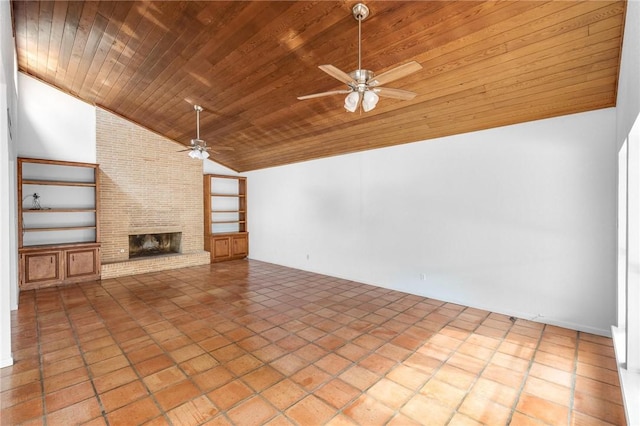 6002 Parkland Dr, Corpus Christi, TX 78413 - unfurnished living room with ceiling fan, lofted ceiling, wooden ceiling, and a fireplace