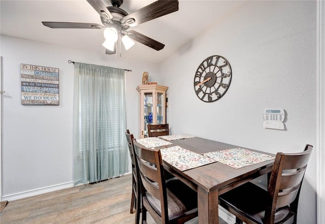 dining space featuring ceiling fan and light wood-type flooring