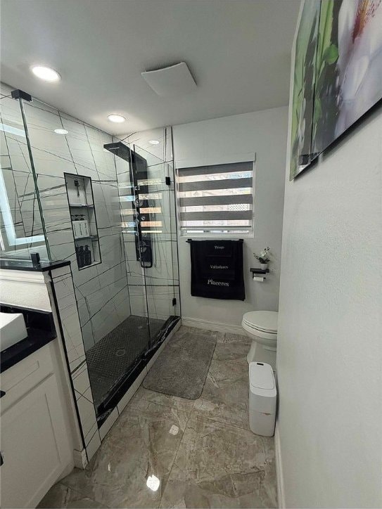 bathroom with vanity, a shower with shower door, and toilet