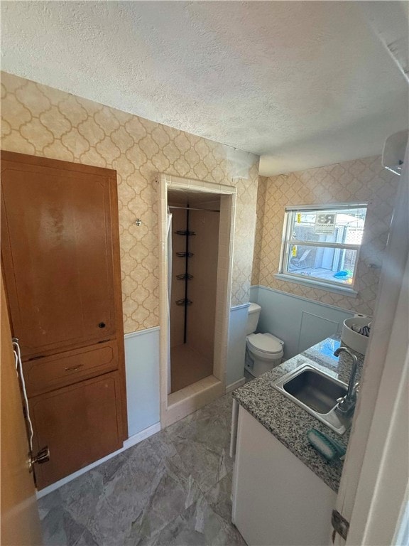 bathroom with vanity, a shower, a textured ceiling, and toilet