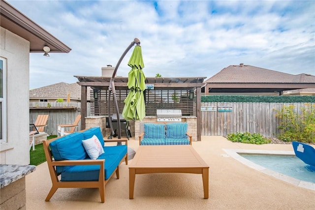 view of patio featuring an outdoor kitchen, area for grilling, fence, a pergola, and an outdoor living space