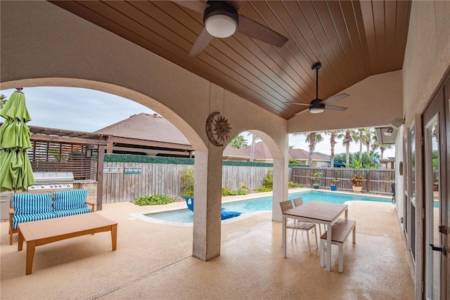 view of patio / terrace featuring a fenced backyard, grilling area, and a fenced in pool