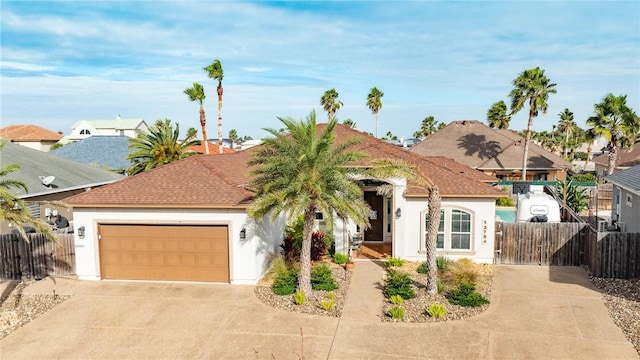 ranch-style home with a garage, fence, concrete driveway, roof with shingles, and stucco siding