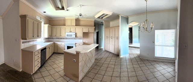 718 Broadway Blvd, Portland, TX 78374 - kitchen featuring white microwave, a chandelier, dishwasher, backsplash, and crown molding