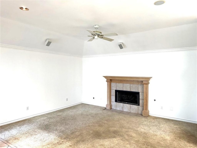 718 Broadway Blvd, Portland, TX 78374 - unfurnished living room with ceiling fan, carpet, and a tiled fireplace