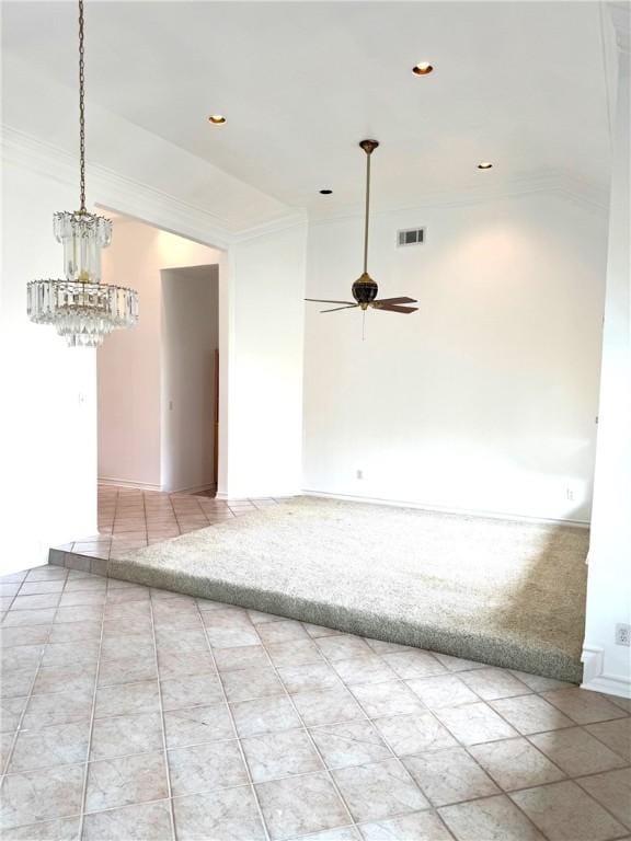 718 Broadway Blvd, Portland, TX 78374 - unfurnished room with crown molding, ceiling fan, a chandelier, tile patterned floors, and carpet