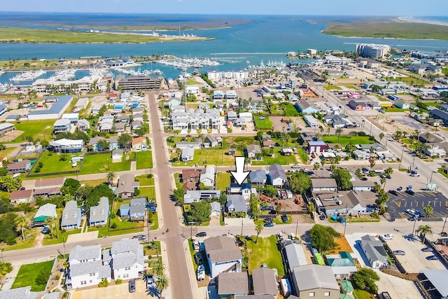 drone / aerial view featuring a water view