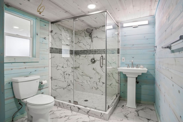 bathroom featuring walk in shower, wooden walls, toilet, and wooden ceiling