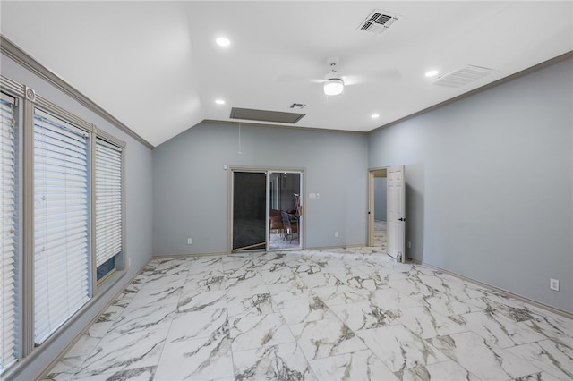 unfurnished bedroom with ceiling fan, vaulted ceiling, and ornamental molding