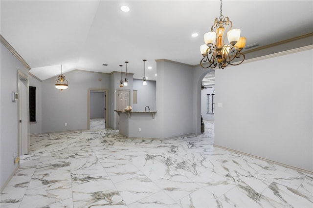 unfurnished living room featuring ornamental molding, lofted ceiling, and an inviting chandelier