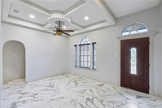 entryway featuring beamed ceiling, a healthy amount of sunlight, crown molding, and coffered ceiling