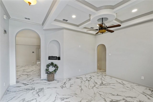 unfurnished room featuring ceiling fan, crown molding, beam ceiling, and coffered ceiling