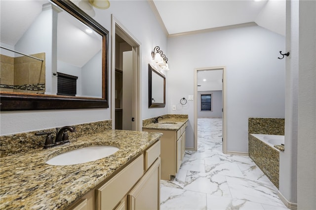 bathroom featuring crown molding, vanity, plus walk in shower, and vaulted ceiling