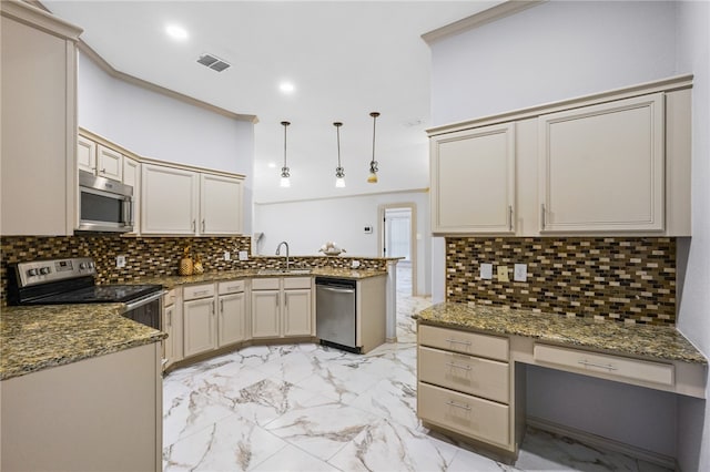 kitchen with kitchen peninsula, appliances with stainless steel finishes, dark stone countertops, decorative light fixtures, and decorative backsplash