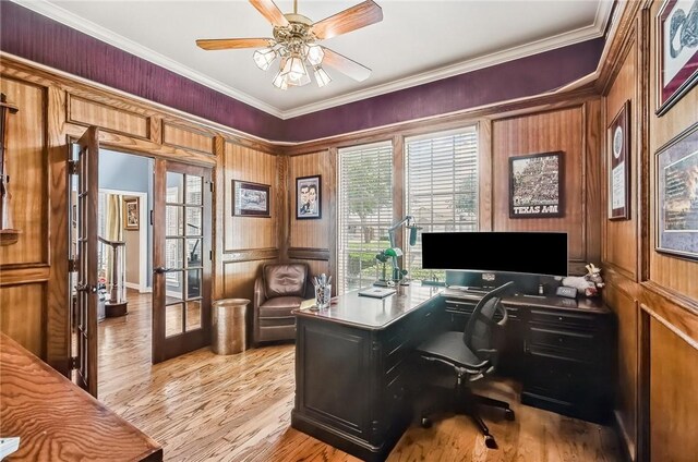 5918 Woodmere Dr, Corpus Christi, TX 78414 - office area featuring french doors, a ceiling fan, ornamental molding, and wood finished floors